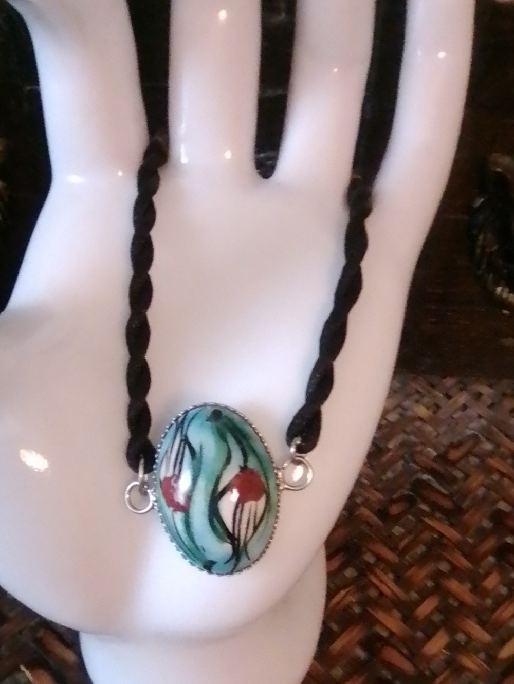 Handmade Green and Red Floral Enamel Pendant Necklace